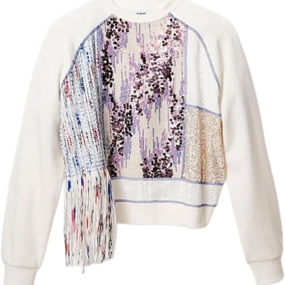 NWT Desigual White Sequin Patchwork Sweater